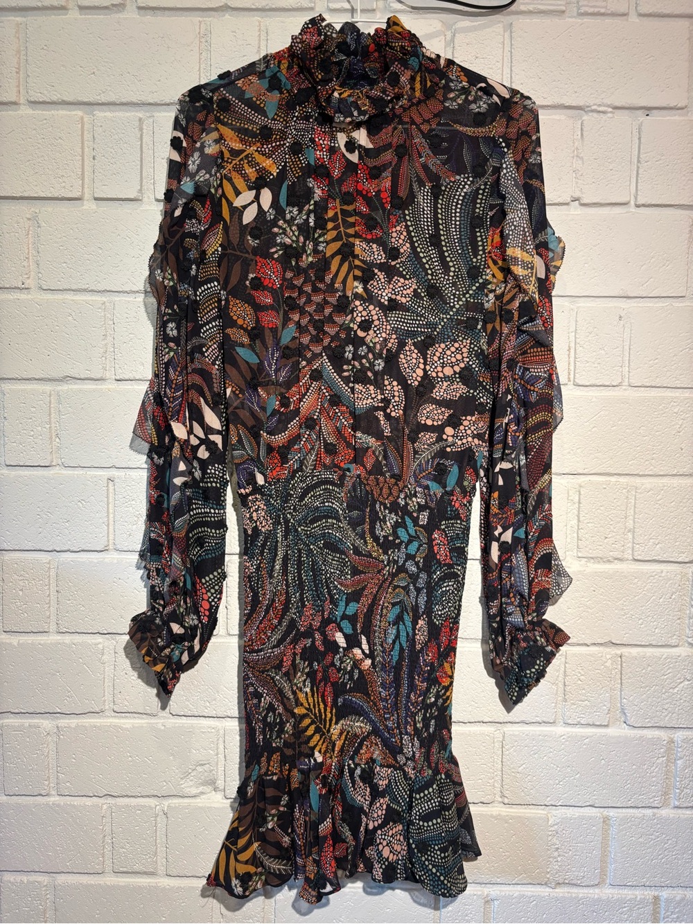 FARM Rio Black Multi Floral Ruffle-Neck Mini Dress